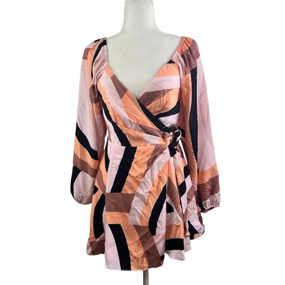 Anthropologie Hutch New Geo Wrap Mini Dress XS Petite Long Puff Sleeves V Neck - Picture 2 of 14